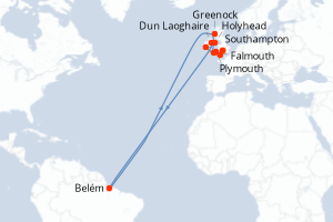 Carte de l'itinéraire de croisière Southampton-Southampton d'une durée de 12 jours