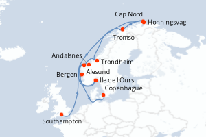 carte itinéraire croisière Fjörds norvégiens 14 jours au départ du port de Southampton