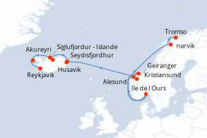 carte itinéraire croisière Fjörds norvégiens 14 jours au départ du port de Tromso