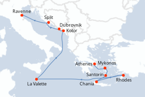 carte itinéraire croisière Méditerranée 12 jours au départ du port de Athenes