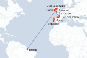 carte itinéraire croisière Brésil 12 jours au départ du port de Lisbonne
