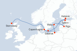 Carte de l'itinéraire de croisière Stornoway-Copenhague d'une durée de 7 jours