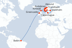 carte itinéraire croisière Transatlantique 14 jours au départ du port de Belém