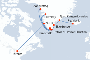 Carte de l'itinéraire de croisière Reykjavik-Toronto d'une durée de 13 jours