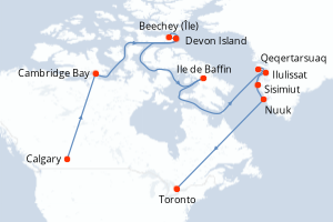 Carte de l'itinéraire de croisière Calgary-Nuuk d'une durée de 15 jours