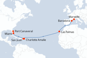 carte itinéraire croisière Transatlantique 16 jours au départ du port de Marseille