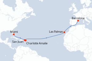 carte itinéraire croisière Transatlantique 14 jours au départ du port de Barcelone