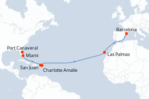 carte itinéraire croisière Transatlantique 15 jours au départ du port de Barcelone