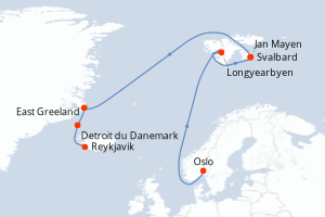 Carte de l'itinéraire de croisière Oslo-Reykjavik d'une durée de 12 jours