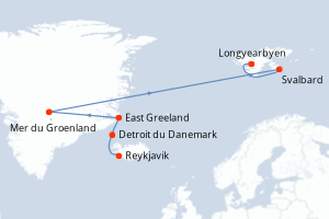 Carte de l'itinéraire de croisière Reykjavik-Mer du Groenland d'une durée de 14 jours