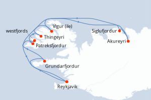 Carte de l'itinéraire de croisière Reykjavik-Reykjavik d'une durée de 8 jours