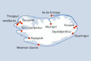 Carte de l'itinéraire de croisière Reykjavik-Reykjavik d'une durée de 16 jours