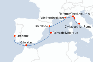 Carte de l'itinéraire de croisière Civitavecchia - Rome-Lisbonne d'une durée de 10 jours