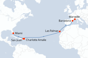 carte itinéraire croisière Transatlantique 15 jours au départ du port de Marseille