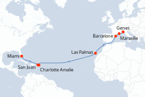 carte itinéraire croisière Transatlantique 16 jours au départ du port de Genes