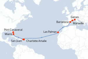 carte itinéraire croisière Transatlantique 17 jours au départ du port de Genes