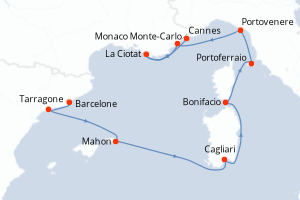 carte itinéraire croisière Sardaigne 10 jours au départ du port de Barcelone