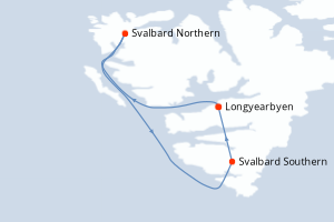 Carte de l'itinéraire de croisière Longyearbyen-Longyearbyen d'une durée de 7 jours