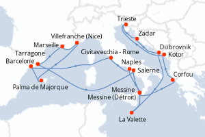 carte itinéraire croisière Sicile 21 jours au départ du port de Barcelone