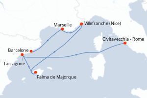 Carte de l'itinéraire de croisière Civitavecchia - Rome-Barcelone d'une durée de 7 jours