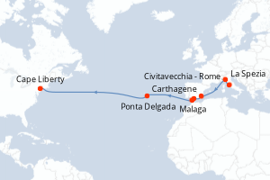 carte itinéraire croisière Transatlantique 14 jours au départ du port de Civitavecchia - Rome