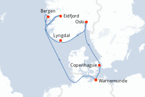 Carte de l'itinéraire de croisière Warnemunde-Warnemunde d'une durée de 7 jours