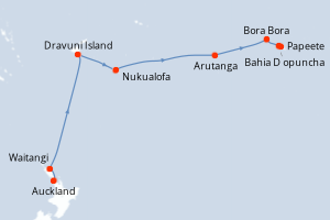 Carte de l'itinéraire de croisière Auckland-Papeete d'une durée de 15 jours