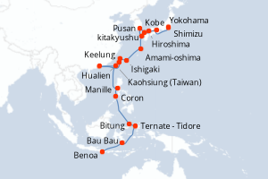 carte itinéraire croisière Asie 29 jours au départ du port de Yokohama