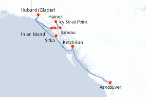 Carte de l'itinéraire de croisière Vancouver-Juneau d'une durée de 7 jours