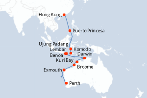 Carte de l'itinéraire de croisière Perth-Hong Kong d'une durée de 23 jours