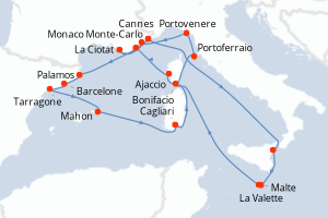 carte itinéraire croisière Sardaigne 19 jours au départ du port de Monaco Monte-Carlo