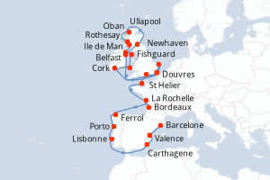 Carte de l'itinéraire de croisière Barcelone-Douvres d'une durée de 28 jours