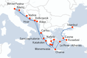 carte itinéraire croisière Méditerranée 21 jours au départ du port de Le Piree - Athenes