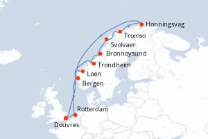 carte itinéraire croisière Fjörds norvégiens 14 jours au départ du port de Douvres