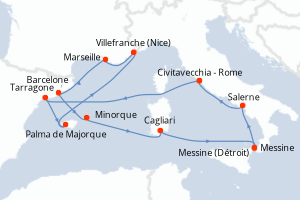 carte itinéraire croisière Sicile 14 jours au départ du port de Civitavecchia - Rome