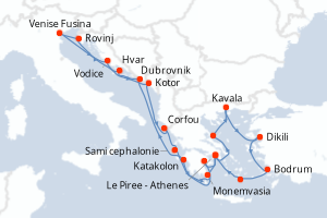 Carte de l'itinéraire de croisière Le Piree - Athenes-Le Piree - Athenes d'une durée de 21 jours