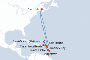 carte itinéraire croisière Caraïbes Bahamas 14 jours au départ du port de Bridgetown