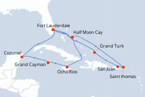 carte itinéraire croisière Caraïbes Bahamas 14 jours au départ du port de Fort Lauderdale