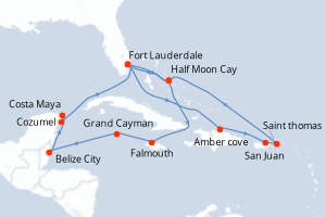 carte itinéraire croisière Caraïbes Bahamas 18 jours au départ du port de Fort Lauderdale