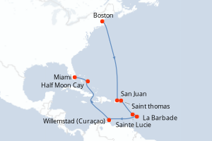 carte itinéraire croisière Caraïbes Bahamas 14 jours au départ du port de Boston