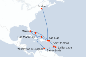 carte itinéraire croisière Caraïbes Bahamas 21 jours au départ du port de Boston