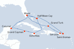 carte itinéraire croisière Caraïbes Bahamas 14 jours au départ du port de Miami
