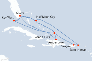 carte itinéraire croisière Caraïbes Bahamas 14 jours au départ du port de Miami