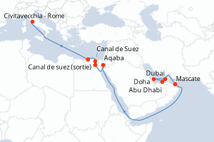 carte itinéraire croisière Méditerranée 16 jours au départ du port de Dubai