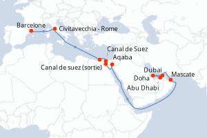 carte itinéraire croisière Méditerranée 18 jours au départ du port de Dubai