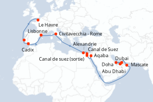 carte itinéraire croisière Europe du Nord 24 jours au départ du port de Dubai