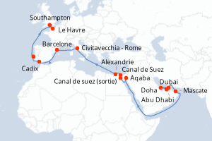 carte itinéraire croisière Europe du Nord 25 jours au départ du port de Dubai