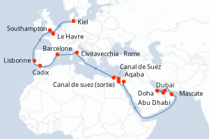 carte itinéraire croisière Europe du Nord 28 jours au départ du port de Dubai