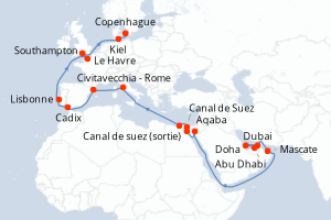 carte itinéraire croisière Europe du Nord 29 jours au départ du port de Dubai