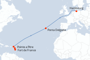 carte itinéraire croisière Transatlantique 13 jours au départ du port de Fort de France
